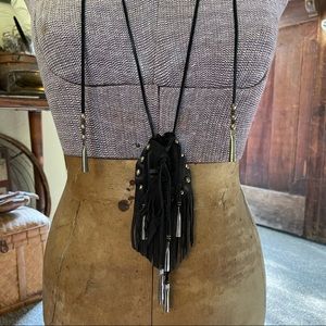 HANDMADE Deerskin Black Leather Fringe Medicine Bag Necklace Pouch